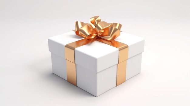 A white gift box with a gold bow and gold ribbon