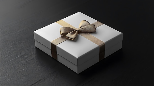 Photo white gift box with gold ribbon on black background