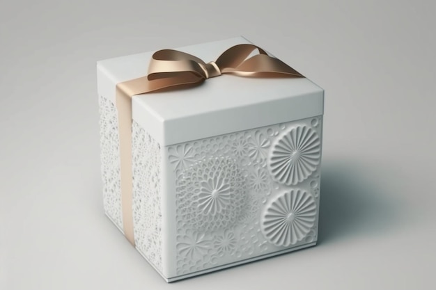 A white gift box with a gold ribbon and a bow.