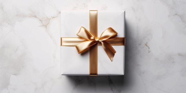 White Gift Box with Gold Ribbon on White Background Christmas Present Generative AI