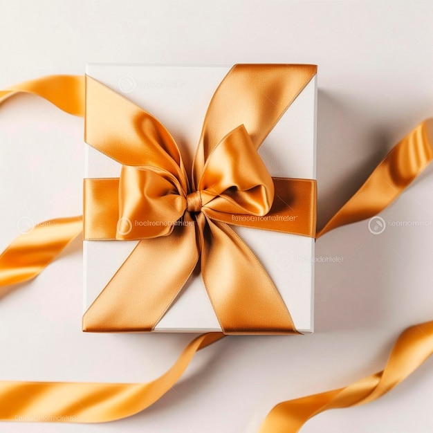 White gift box with gold ribbons on the table