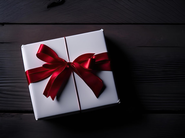 A white Gift box with red bow ribbon and hearts on wooden background ai generative