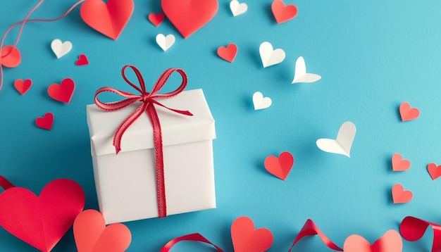 a white gift box with a red bow and white hearts on a blue background