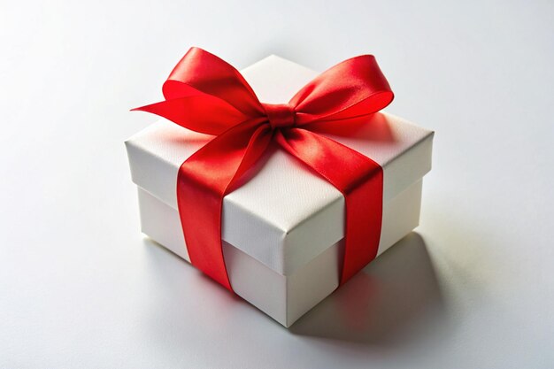 White gift box with red ribbon blank white background for design