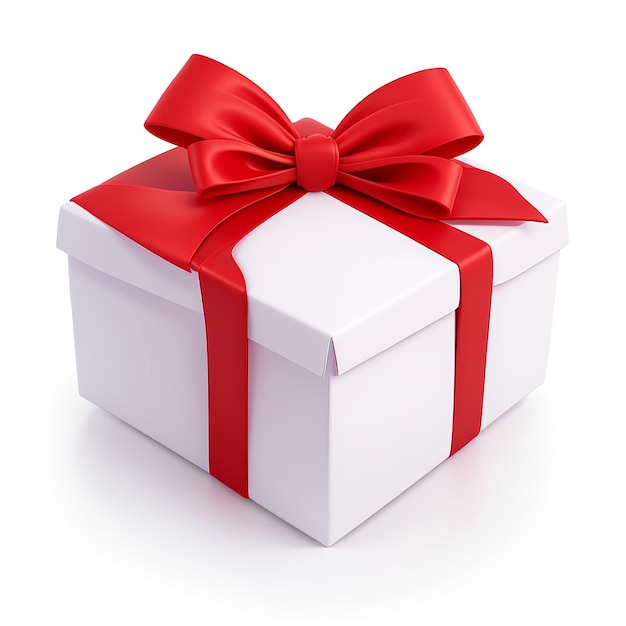 White gift box with red ribbon bow isolated on white