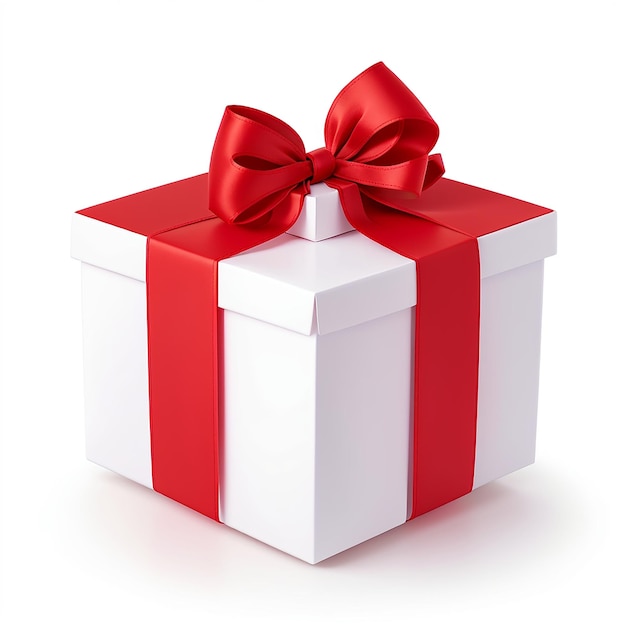 White gift box with red ribbon bow isolated on white