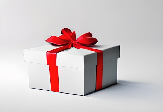 White gift box with a red ribbon and a bow Photo AI generated