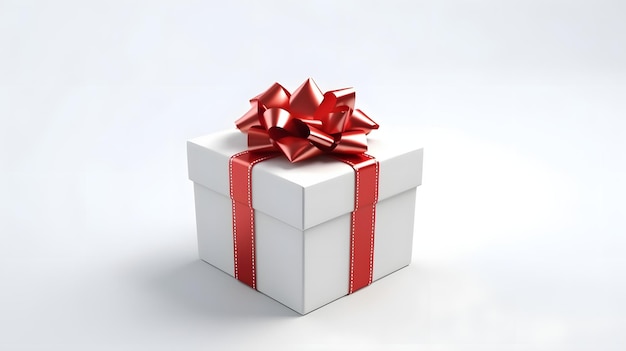 A white gift box with a red ribbon and a bow