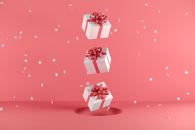 White Gift box with Red Ribbon color floating on red background