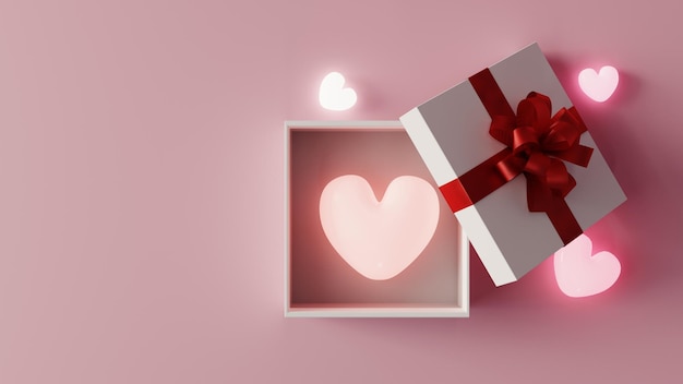 White gift box with red ribbon on pink background 3d rendering