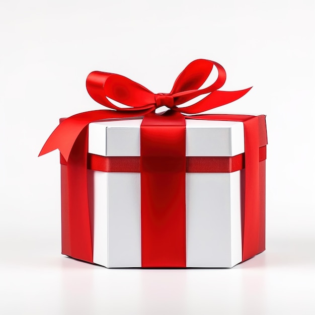 A white gift box with a red ribbon and a red bow.