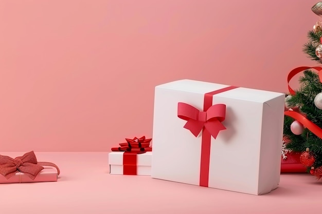 a white gift box with a red ribbon tied around it