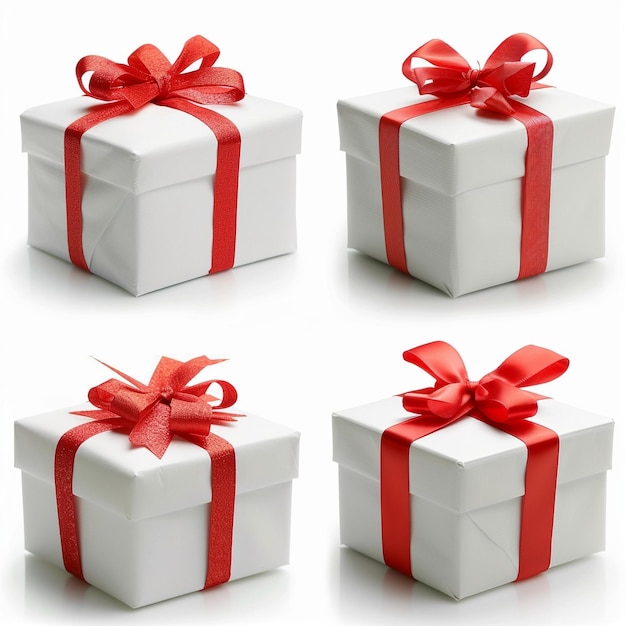 a white gift box with a red ribbon tied around it