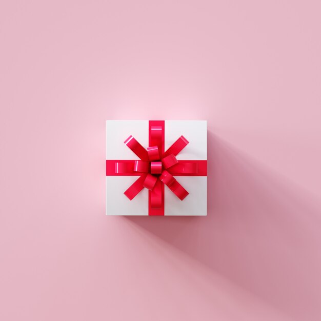 White gift box with red ribbon on top view pink color . Christmas idea . 3D Rendering.