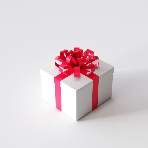 White gift box with red ribbon on white color . Christmas idea . 3D Rendering.