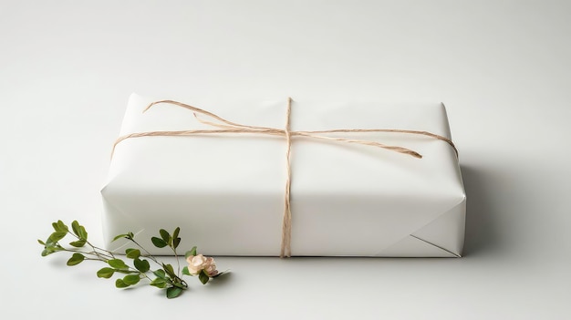 A white gift box with a twine bow surrounded by a small sprig of greenery and a single white flower on a white background