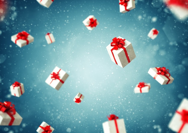 White gift boxes with red ribbon at blue background. Christmas illustration