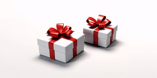 White Gift Boxes with Red Ribbon on White Studio Background Generative AI