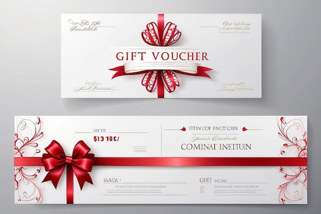 Photo white gift voucher with red ribbons and bows template for a festive gift coupon invitation