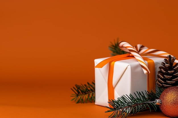 a white gift with a ribbon tied around it and a green branch with a bow