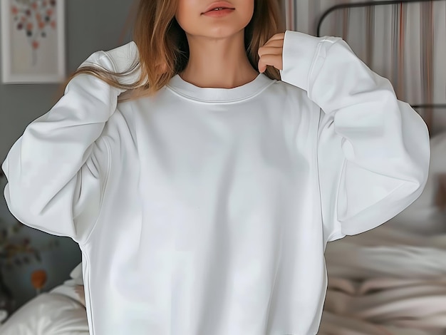 Photo white gildan crewneck woman sweatshirt mockup