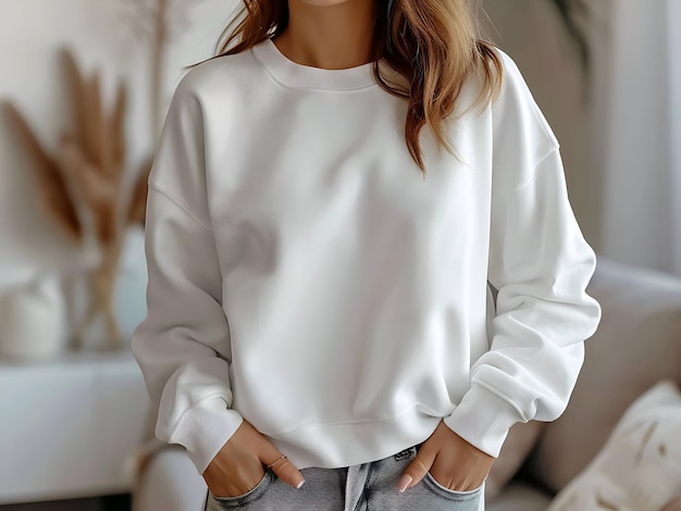 Photo white gildan crewneck woman sweatshirt mockup