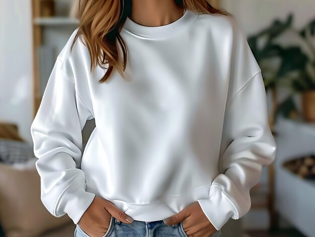 Photo white gildan crewneck woman sweatshirt mockup