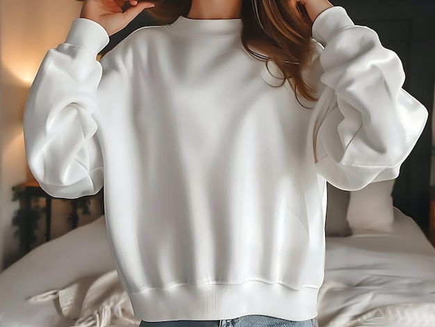 Photo white gildan crewneck woman sweatshirt mockup