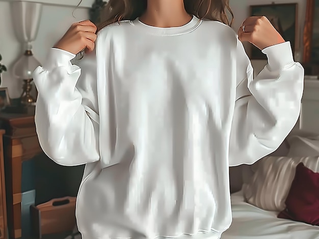 Photo white gildan crewneck woman sweatshirt mockup