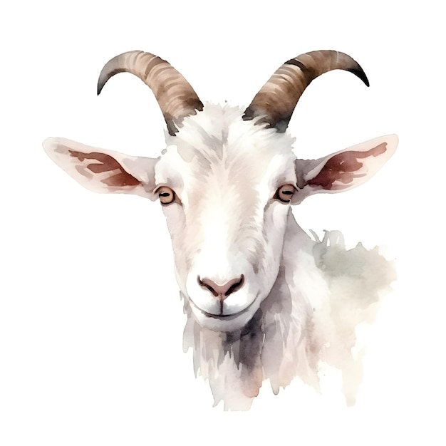 White goat portrait isolated on white background Watercolor Illustration Sample Closeup Clip art Drawn by hand