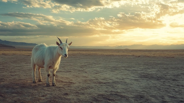 Photo white goat standing in a desert landscape at sunset