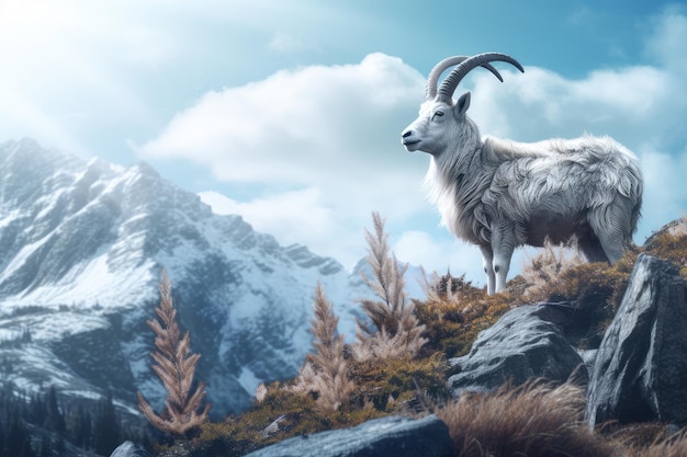 White goat standing on a rock against scenic view of snowy mountain range