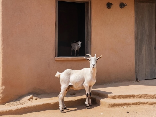 a white goat stands in front of a window that says  the goat