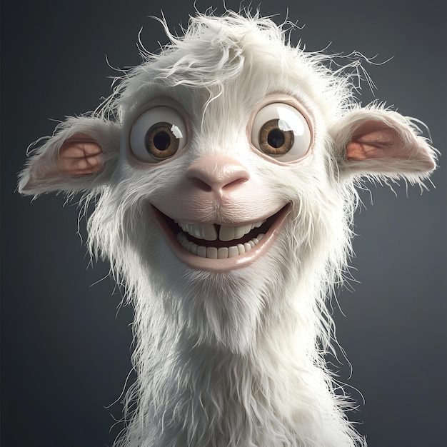 A white goat with a big smile and a big smile