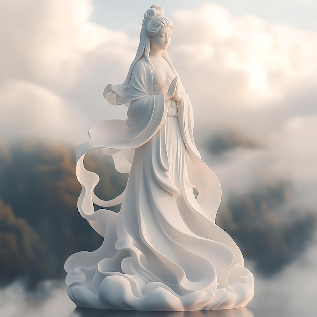 Photo white goddess statue with flowing robes in a cloudy landscape