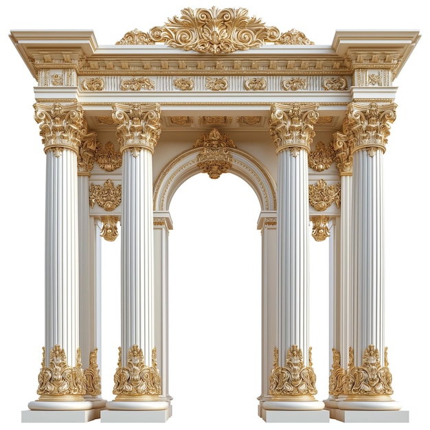 a white and gold building with a gold arch and a white background