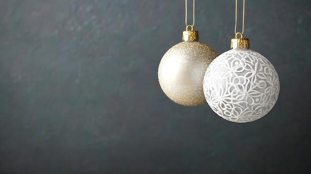 Photo white and gold christmas ornaments hanging on grey background