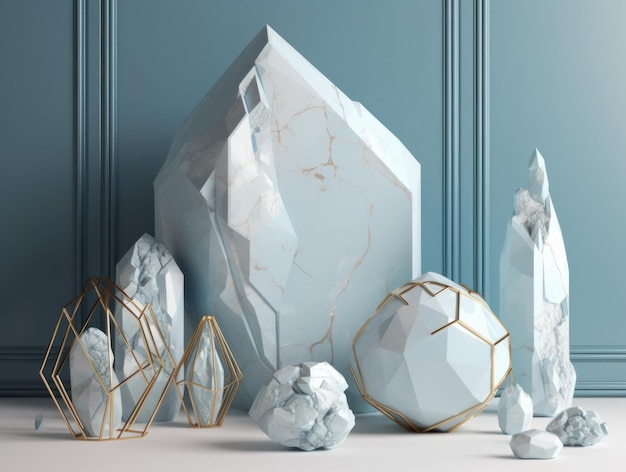 White and gold crystal and marble geometrical primitives pattern abstract background created with Generative AI technology