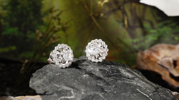 White Gold Diamond Earrings Isolated on rock background