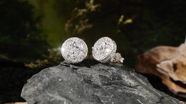 White Gold Diamond Earrings Isolated on rock background