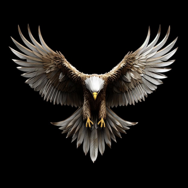 white gold eagle flying over black background in the style of concept art sculpted forms