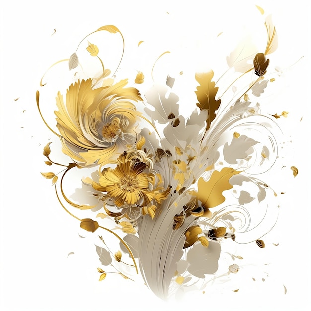 A white and gold floral design with a white background and a yellow flower in the middle.