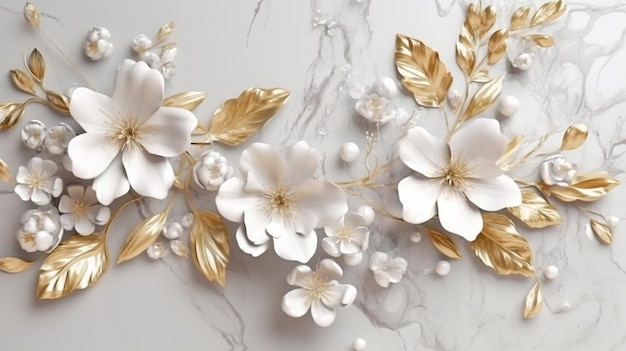 White gold flowers and leaves on marble plate Luxury abstract background for exclusive spaces wedding card celebration invitation presentation fashion cosmetics jewel design Generative AI