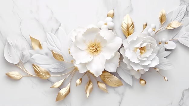 White gold flowers and leaves on white marble texture Generative AI