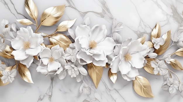 White gold flowers and leaves on white marble texture Generative AI