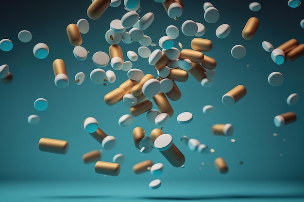 White and gold medicine pills and capsules falling in the air Shot in studio on blue background