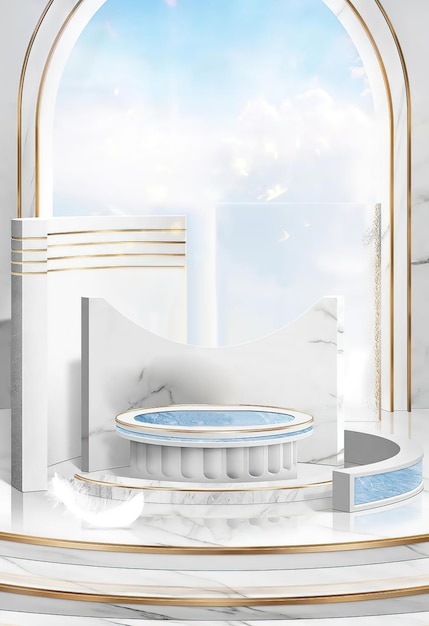 A white and gold podium with blue stripes and the words " the word " on it. "