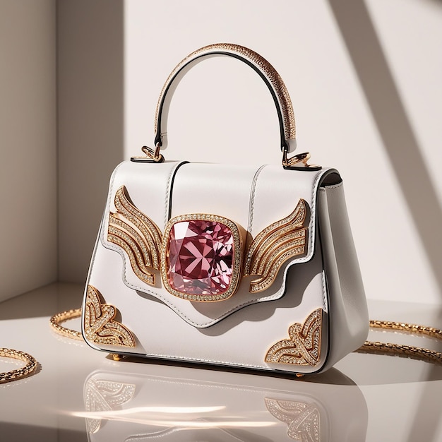 Photo a white and gold purse with a pink flower on the front