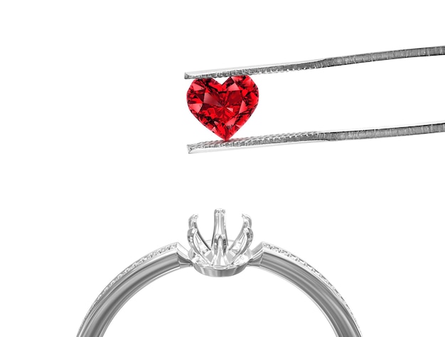 White gold or silver ring without gemstone and Excellent red heart cut diamonds held by tweezers on a white background 3d render