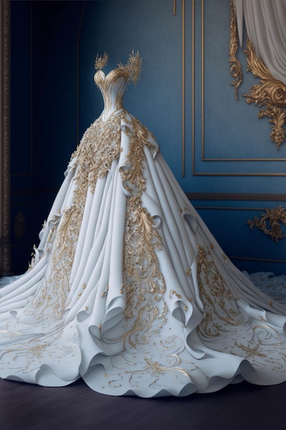 White and gold wedding dress in a blue room generative ai